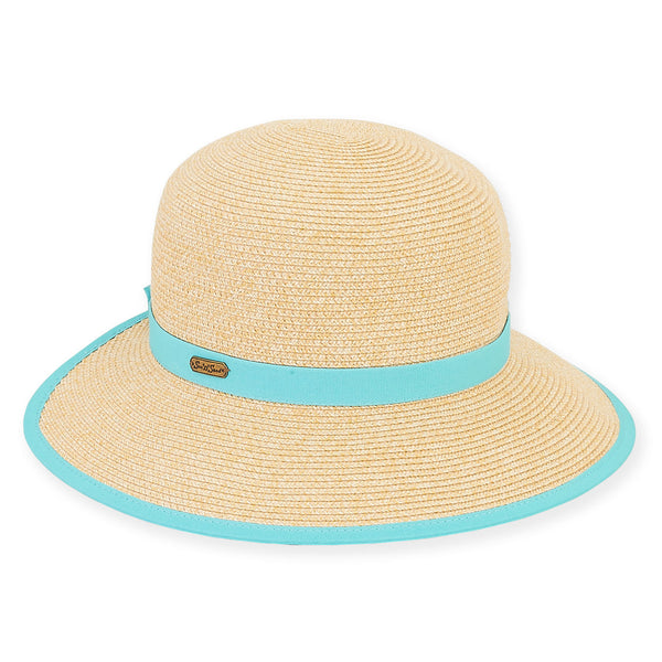 Backless Paperbraid Hat with Aqua Ribbon Trim - 3" Brim - Adjustable