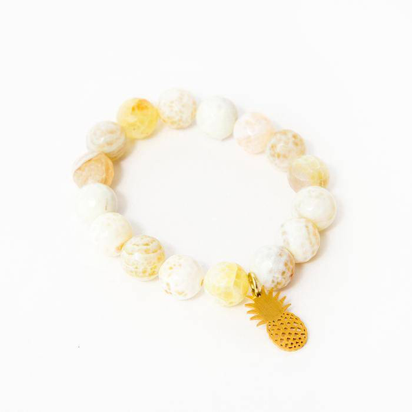 Yellow Faceted Agate With Bright Gold Pineapple Accent Charm  - Elastic Bracelet
